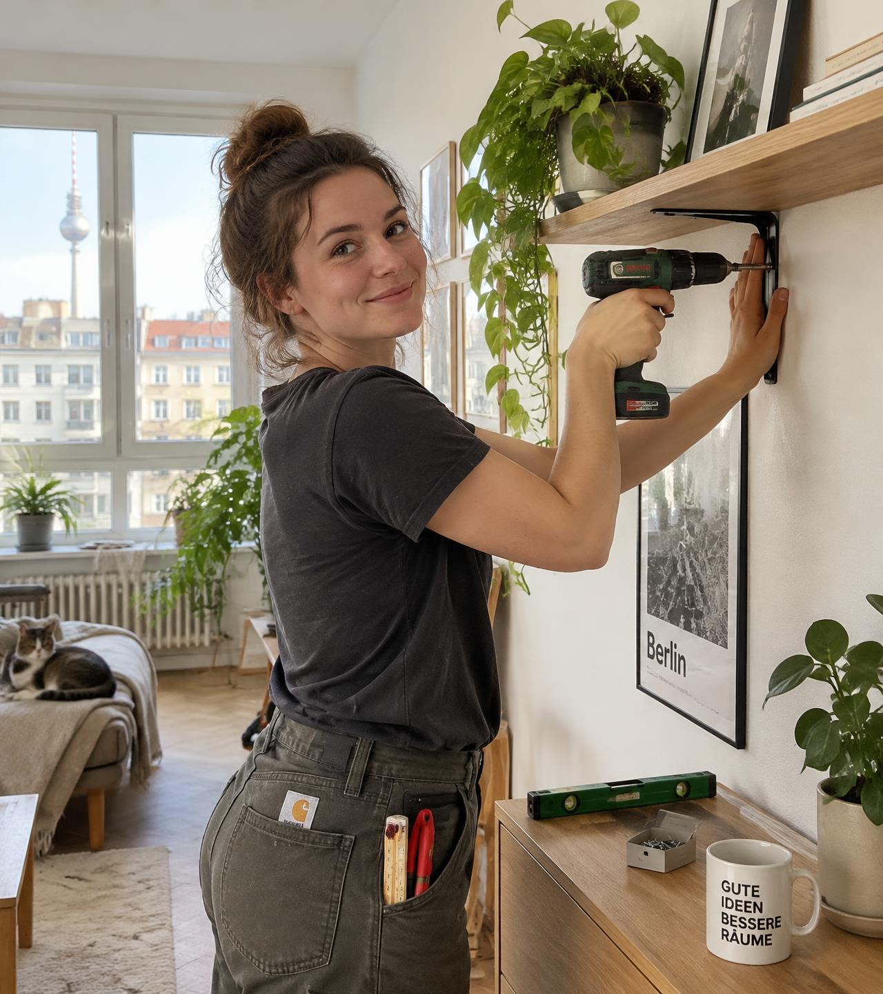 Eine Handwerkerin montiert ein Holzregal in einer hellen Stadtwohnung